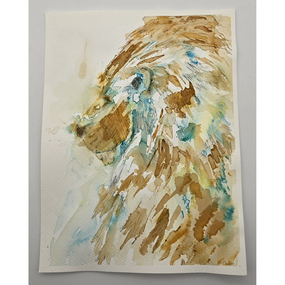 Lion Herbal Tea Original Watercolor Ink Painting 9x12 Wildlife Art on Paper